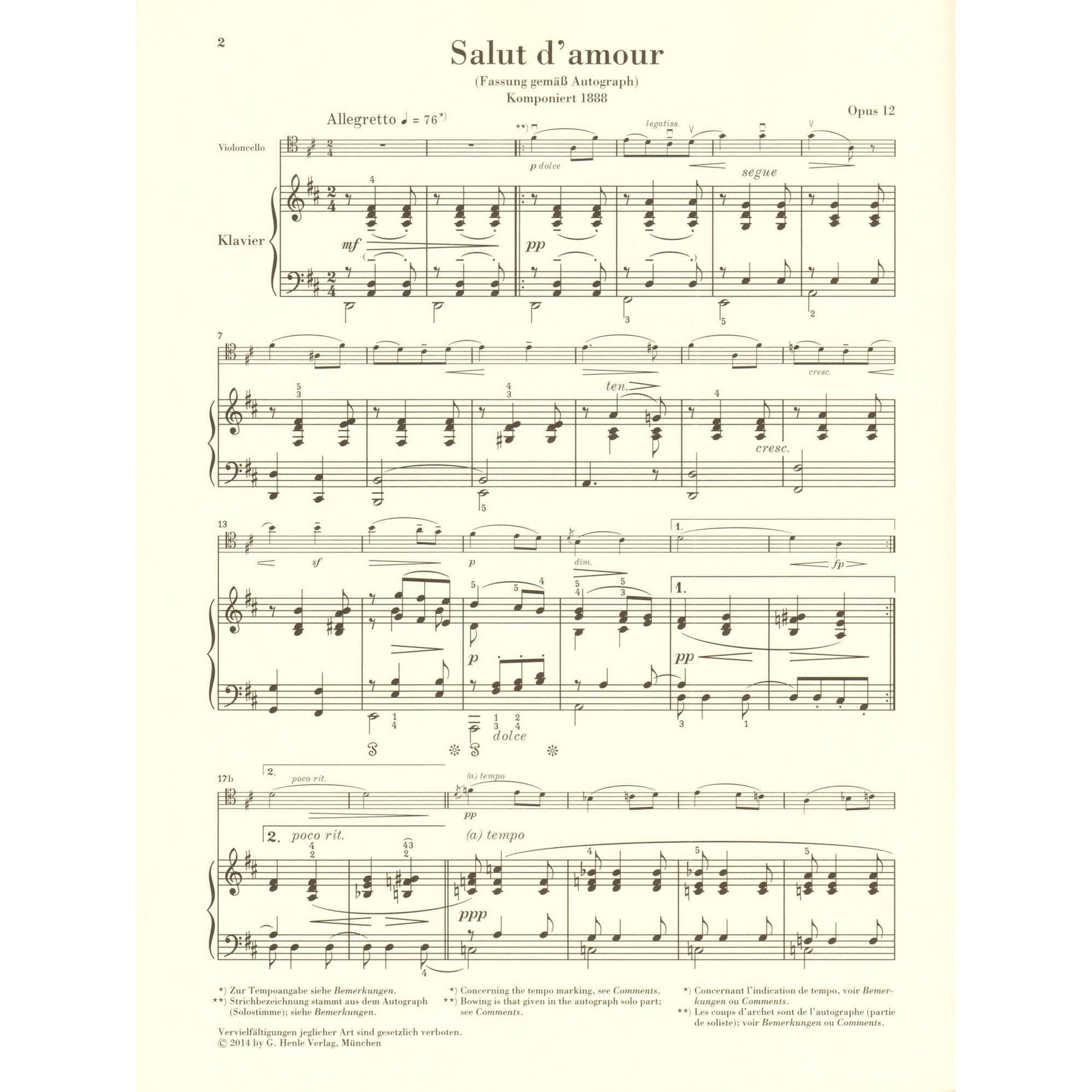 Elgar, Edward - Salut d'amour, Opus 12 - for Cello and Piano - edited by Rupert Marshall-Luck - G Henle URTEXT