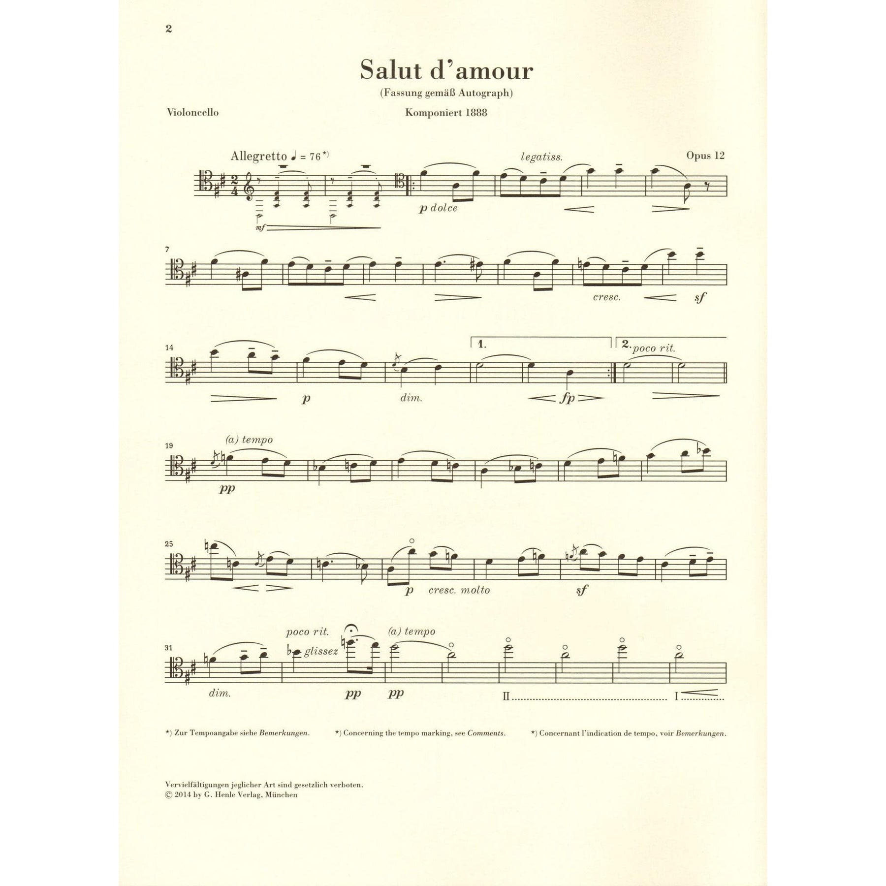 Elgar, Edward - Salut d'amour, Opus 12 - for Cello and Piano - edited by Rupert Marshall-Luck - G Henle URTEXT