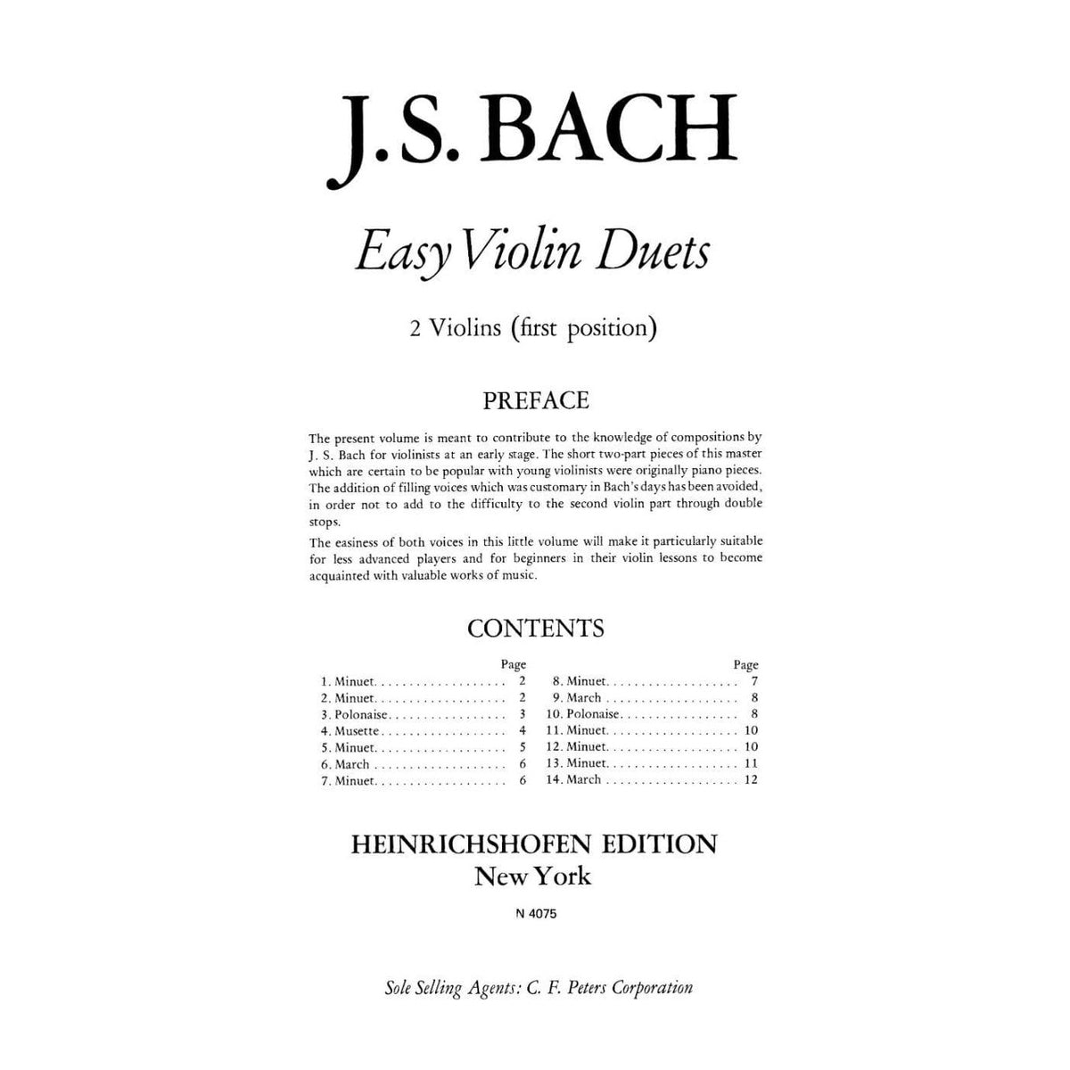 Bach, JS - Easy Violin Duets for Two Violins - Heinrichshofen's Verlag Edition
