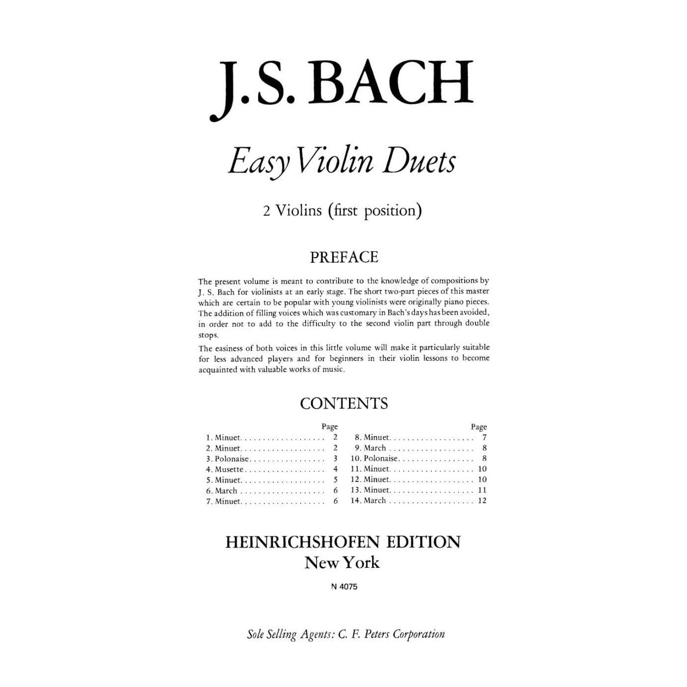 Bach, JS - Easy Violin Duets for Two Violins - Heinrichshofen's Verlag Edition