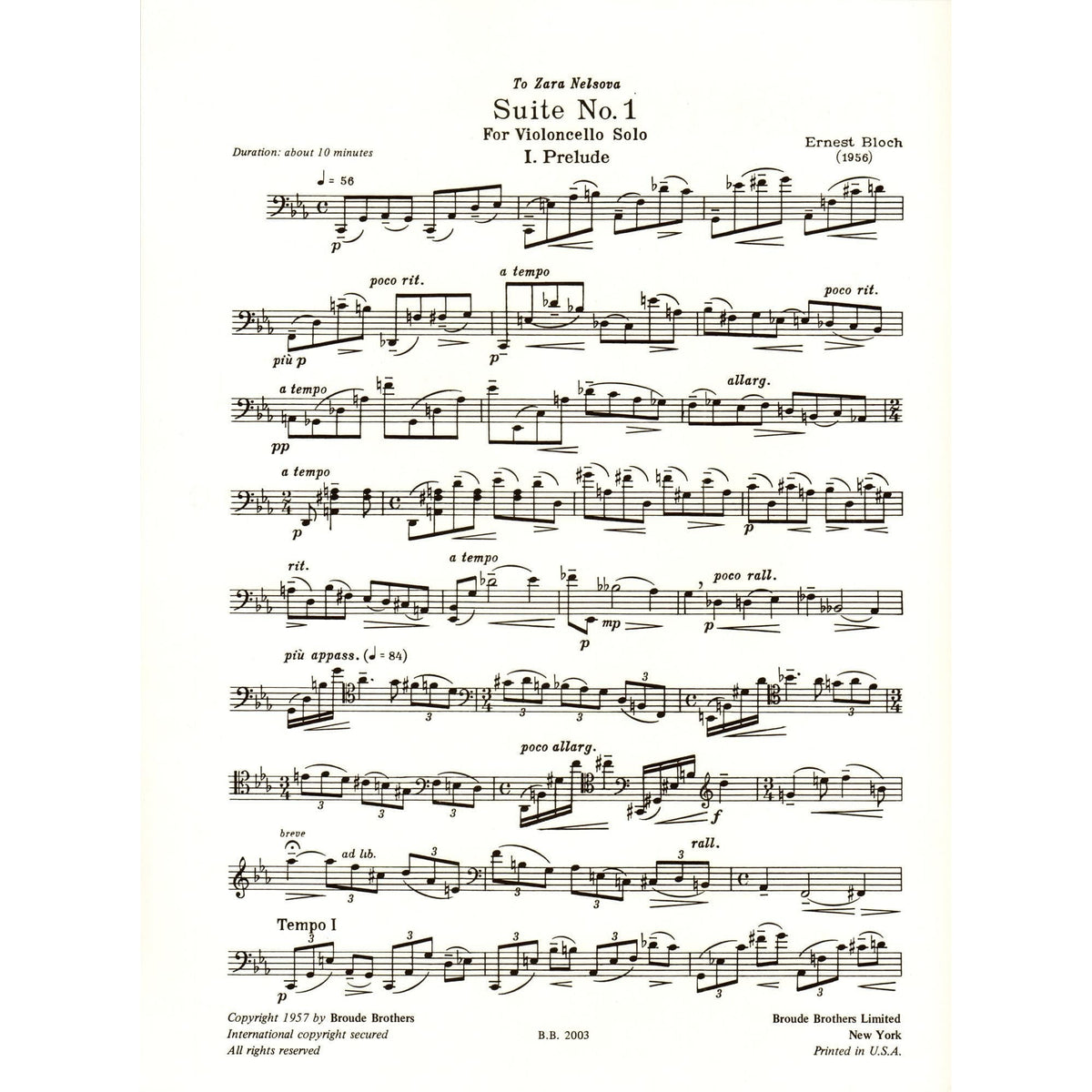 Bloch, Ernest - Suite No 1 for Cello (1956) - Broude Brothers Edition