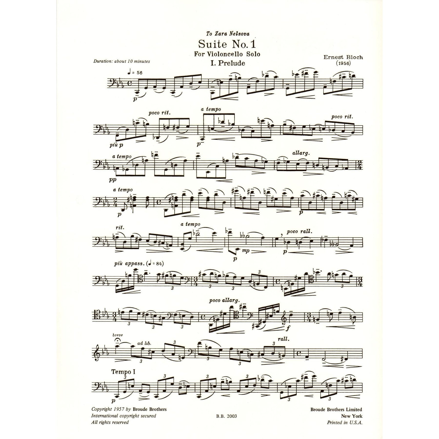 Bloch, Ernest - Suite No 1 for Cello (1956) - Broude Brothers Edition