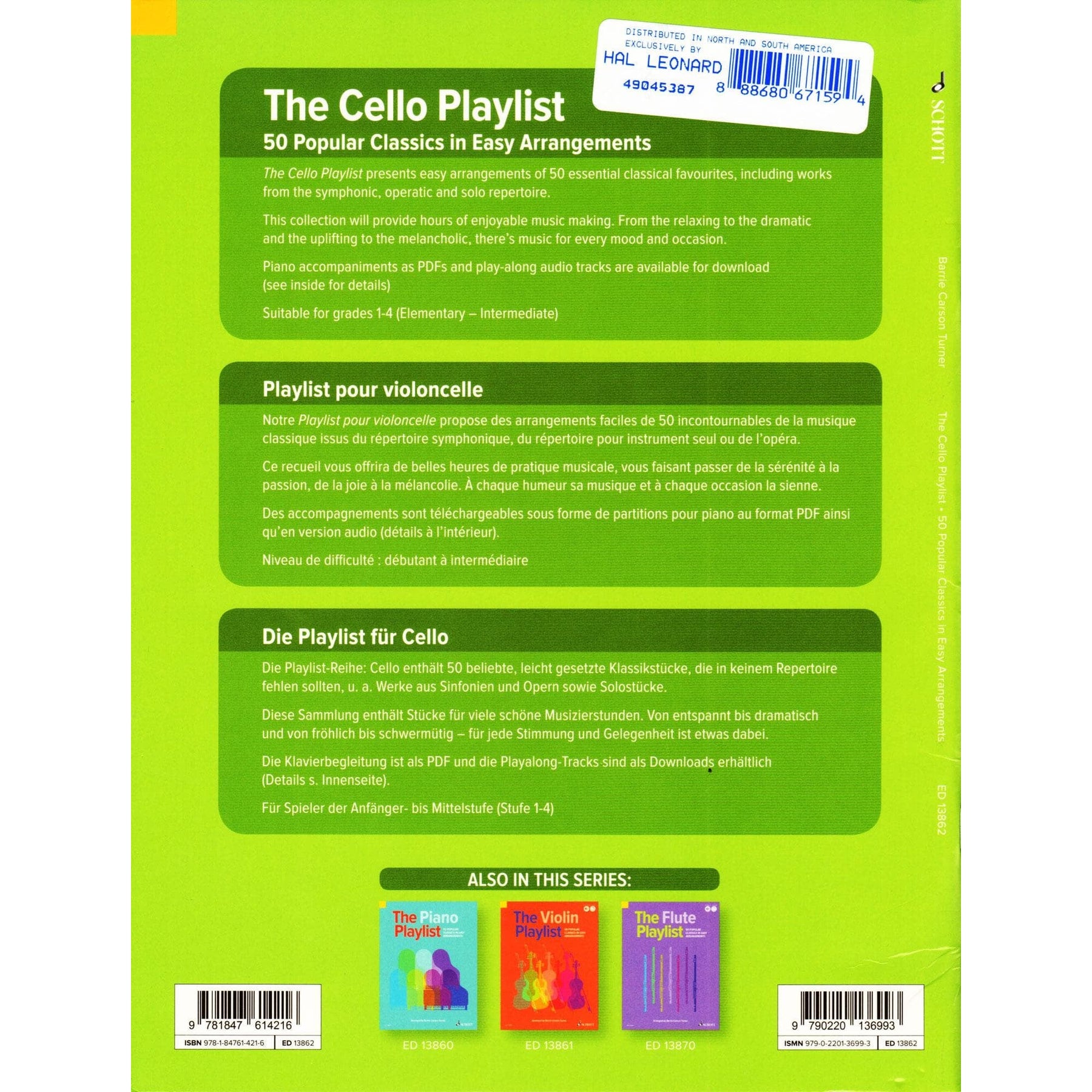 The Cello Playlist - 50 Popular Classics - arranged by Barrie Carson Turner - for Cello with Online Audio or Printable Piano Accompaniment - Schott