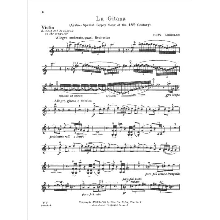 Kreisler, Fritz - La Gitana - Violin and Piano - Carl Fischer Edition