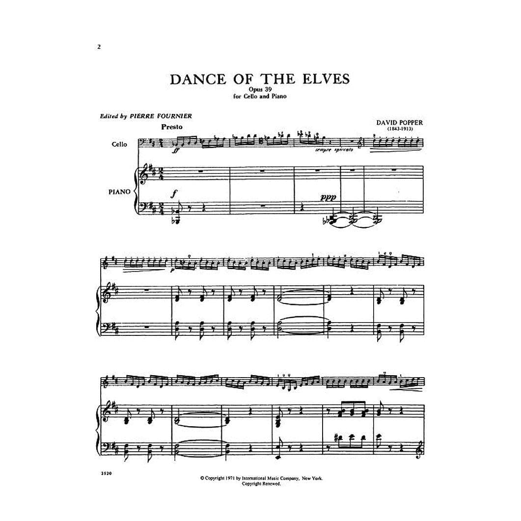 Popper, David - Dance of the Elves Op 39 For Cello and piano Edited by Pierre Fournier Published by International Music Company