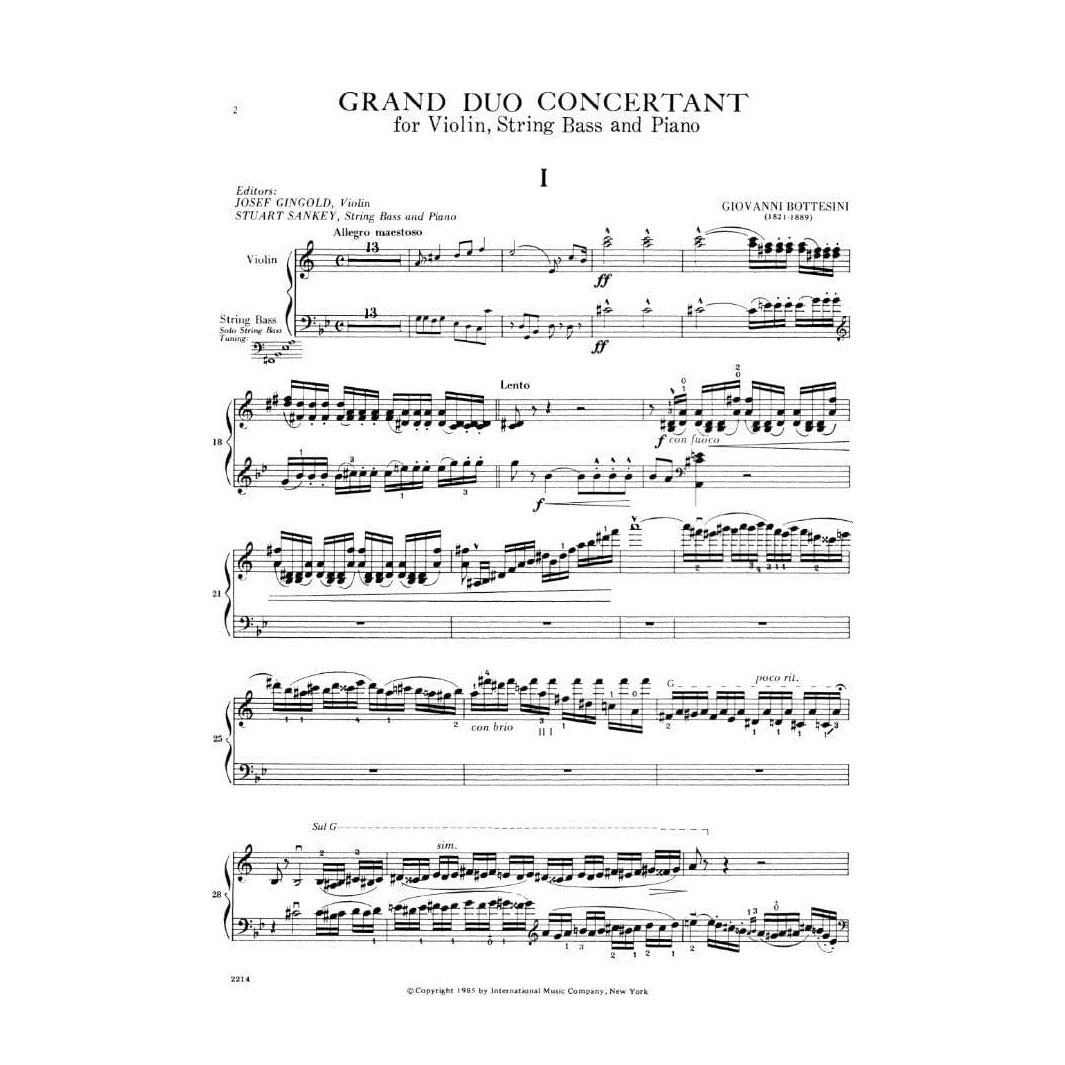 Bottesini, Giovanni - Grand Duo Concertant for Violin, Double Bass and Piano - Arranged by Gingold-Sankey - International Edition