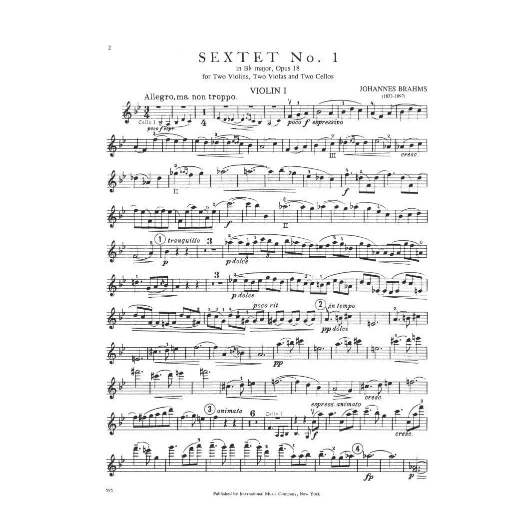 Brahms, Johannes - Sextet No 1 in B-Flat Major, Op 18 - Two Violins, Two Violas and Two Cellos - Set of Parts - International Music Company