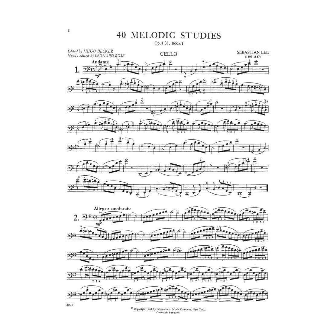 Lee, Sebastian - 40 Melodic Studies, Op 31, Volume 1 (Nos 1-22) - Cello solo - edited by Leonard Rose - International Music Co
