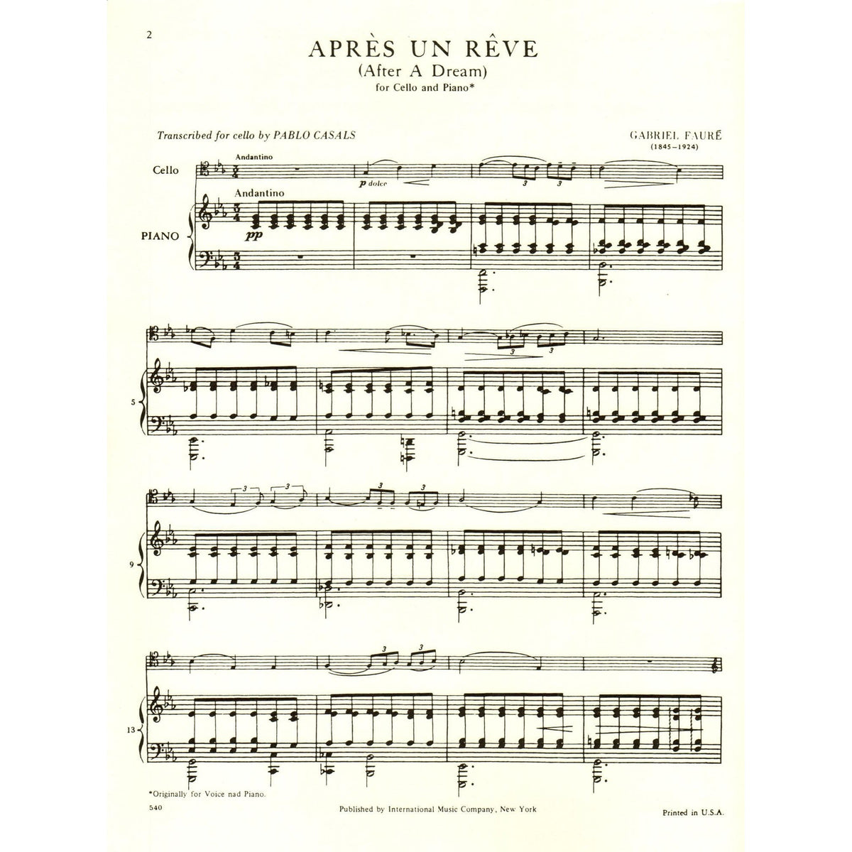 Fauré, Gabriel - Aprés un Rêve (After a Dream), Op 7, No 1 - Cello and Piano - edited by Pablo Casals - International Edition