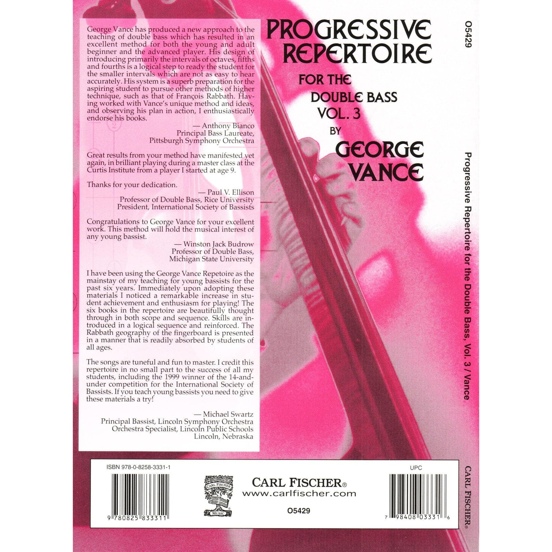 Progressive Repertoire for the Double Bass - Volume 3 Bass Book - by George Vance - Published by Carl Fischer