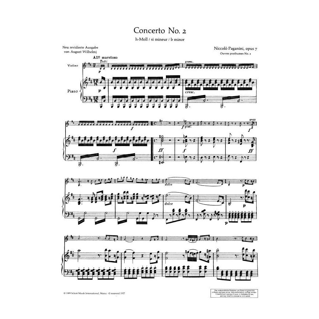 Paganini, Niccolo - Concerto No 2 in b minor, Op 7 - for Violin and Piano - edited by August Wilhelmj - Schott Edition