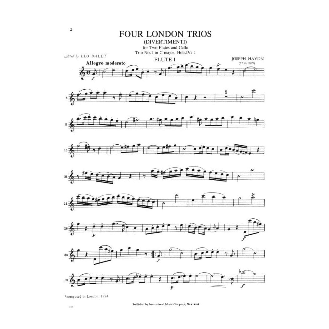 Haydn, Franz Joseph - Four London Trios (Divertimenti), Hob IV:1-4 - Two Flutes and Cello - edited by Leo Balet - International Edition