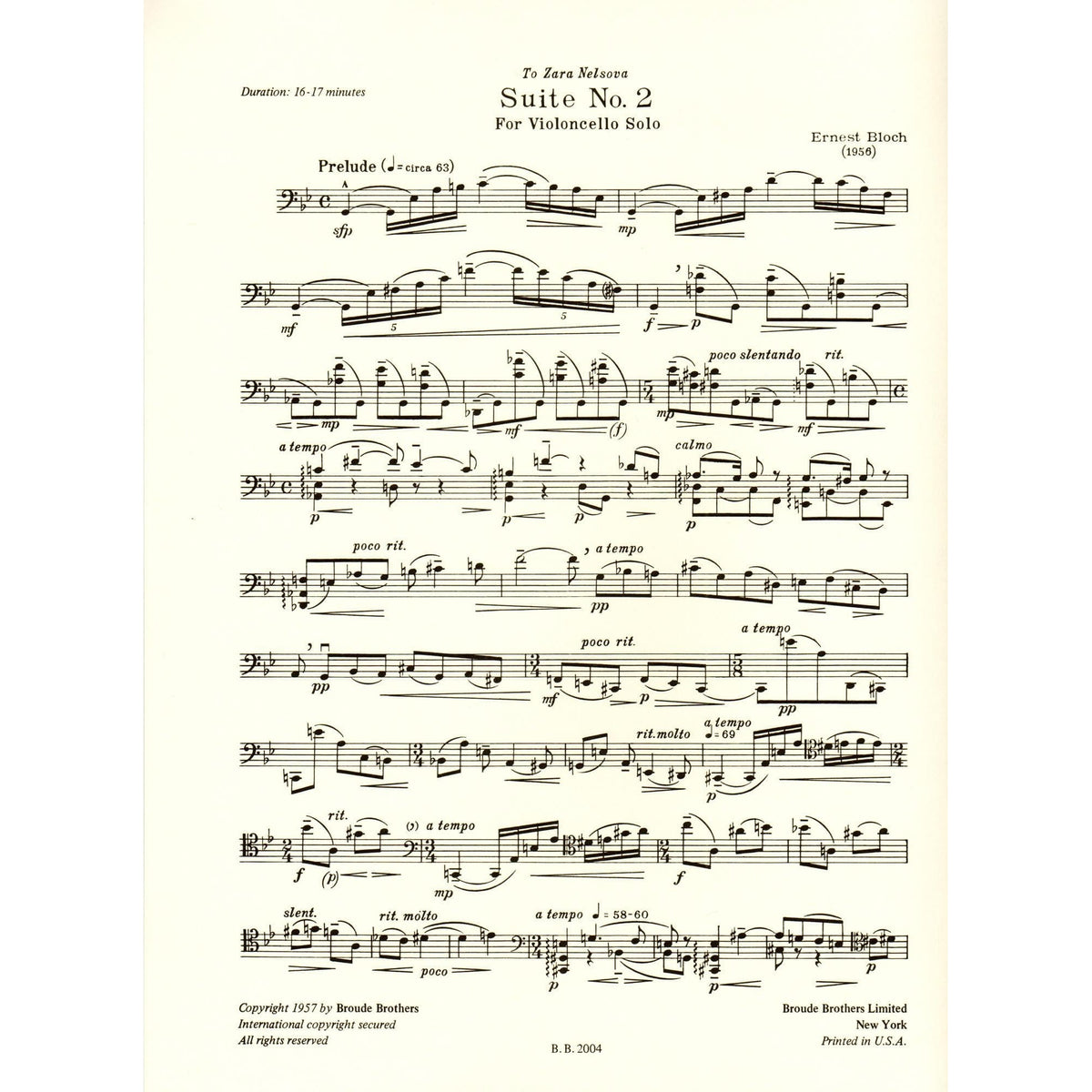 Bloch, Ernest - Suite No 2 for Cello (1956) - Broude Brothers Edition