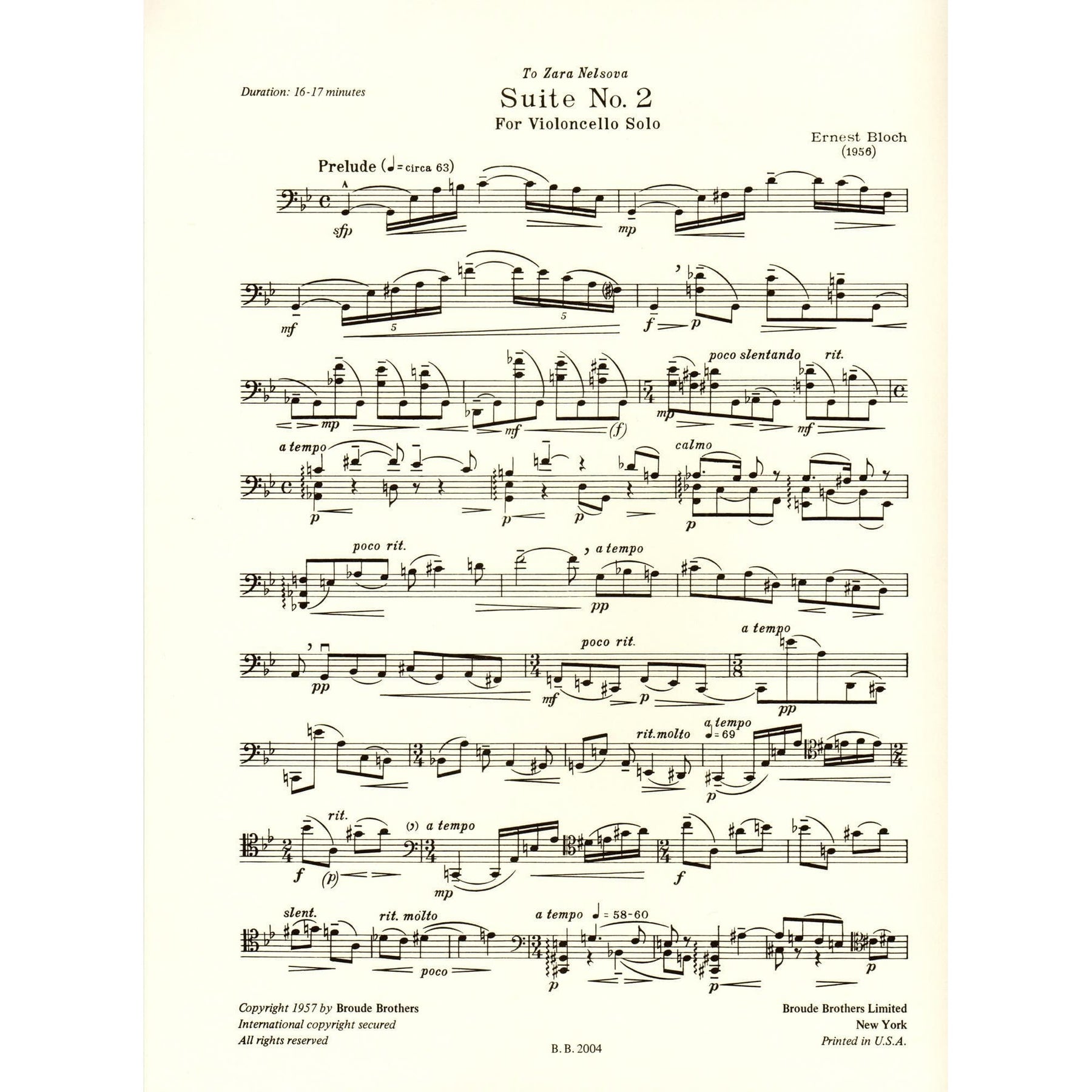 Bloch, Ernest - Suite No 2 for Cello (1956) - Broude Brothers Edition