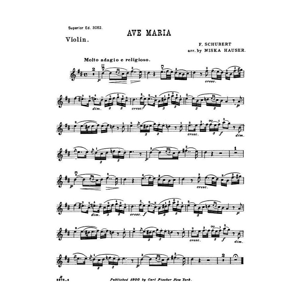 Schubert, Franz - Ave Maria D 839 - for Violin and Piano - arranged by Hauser - Carl Fischer