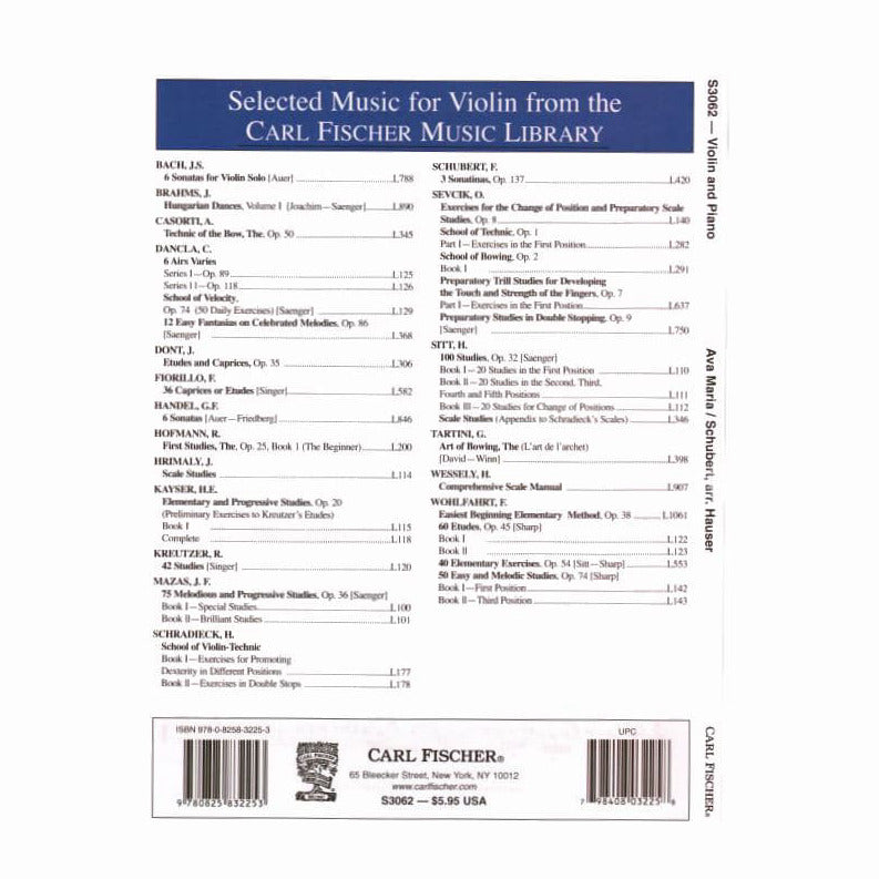 Schubert, Franz - Ave Maria D 839 - for Violin and Piano - arranged by Hauser - Carl Fischer