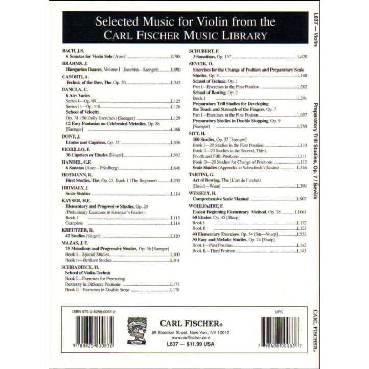 Sevcik, Otakar - Preparatory Trill Studies, Op 7, Part 1 - for Violin - Carl Fischer