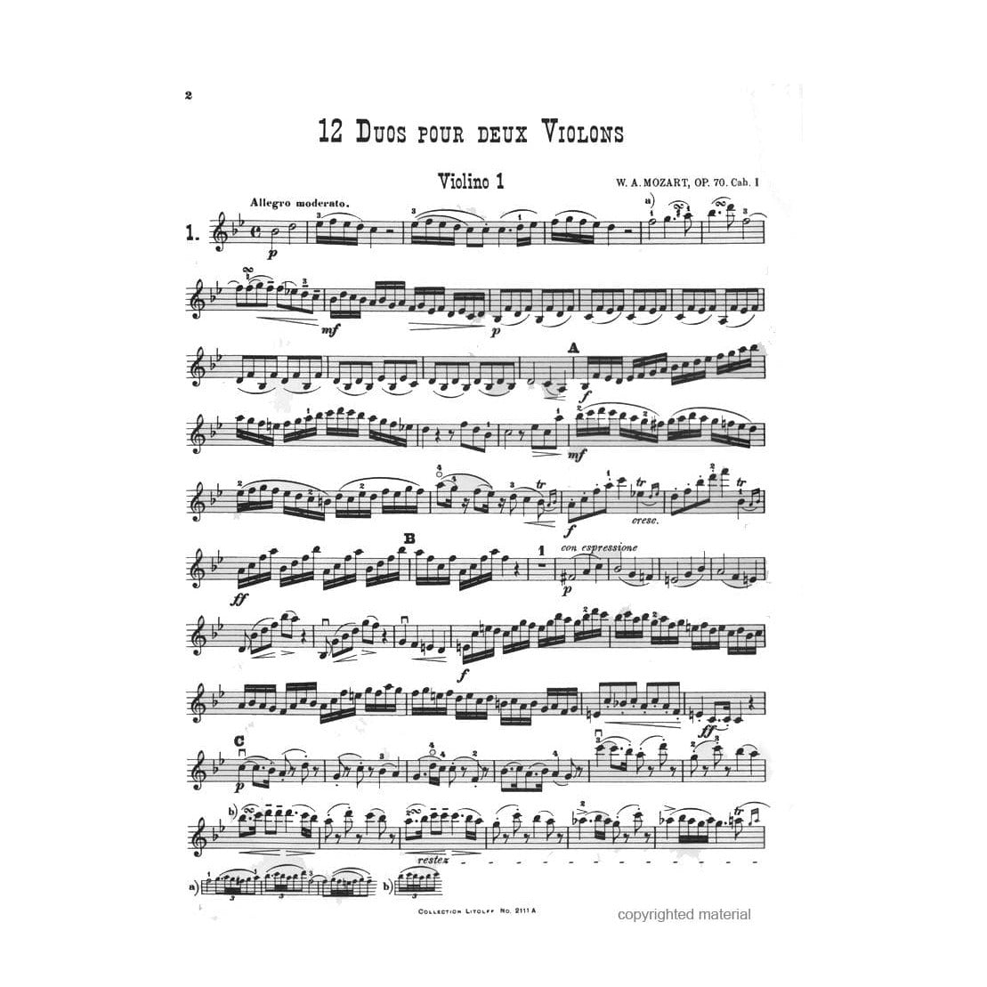 Mozart, WA - 12 Duos, Op 70 (K 152): Volume 1 (Nos 1-4) - Two Violins - Litloff Edition (Peters)