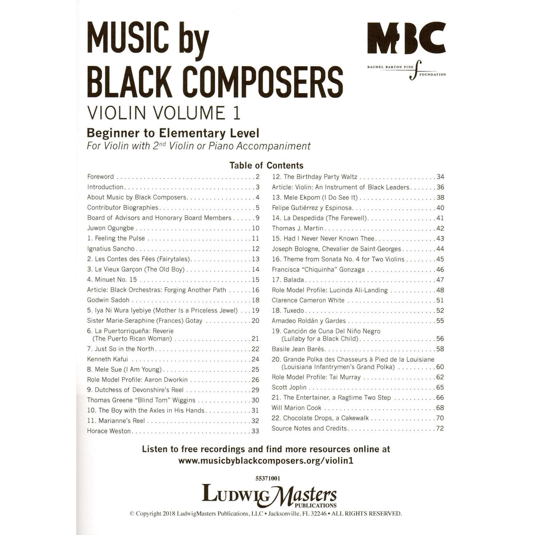 Music By Black Composers: Violin Volume 1 - Arranged by Rachel Barton Pine
