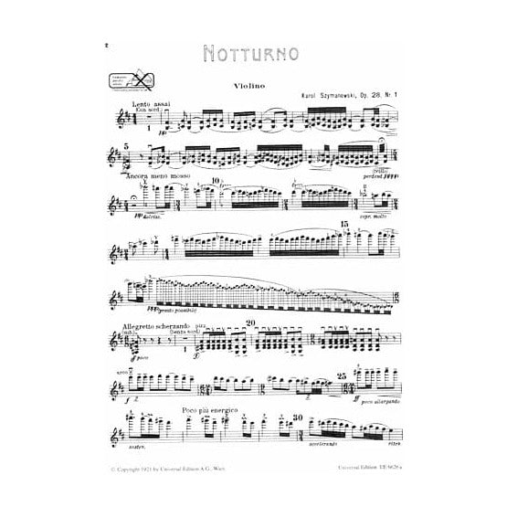 Szymanowski, Karol - Nocturne and Tarantella, Op 28 - Violin and Piano - Universal Edition
