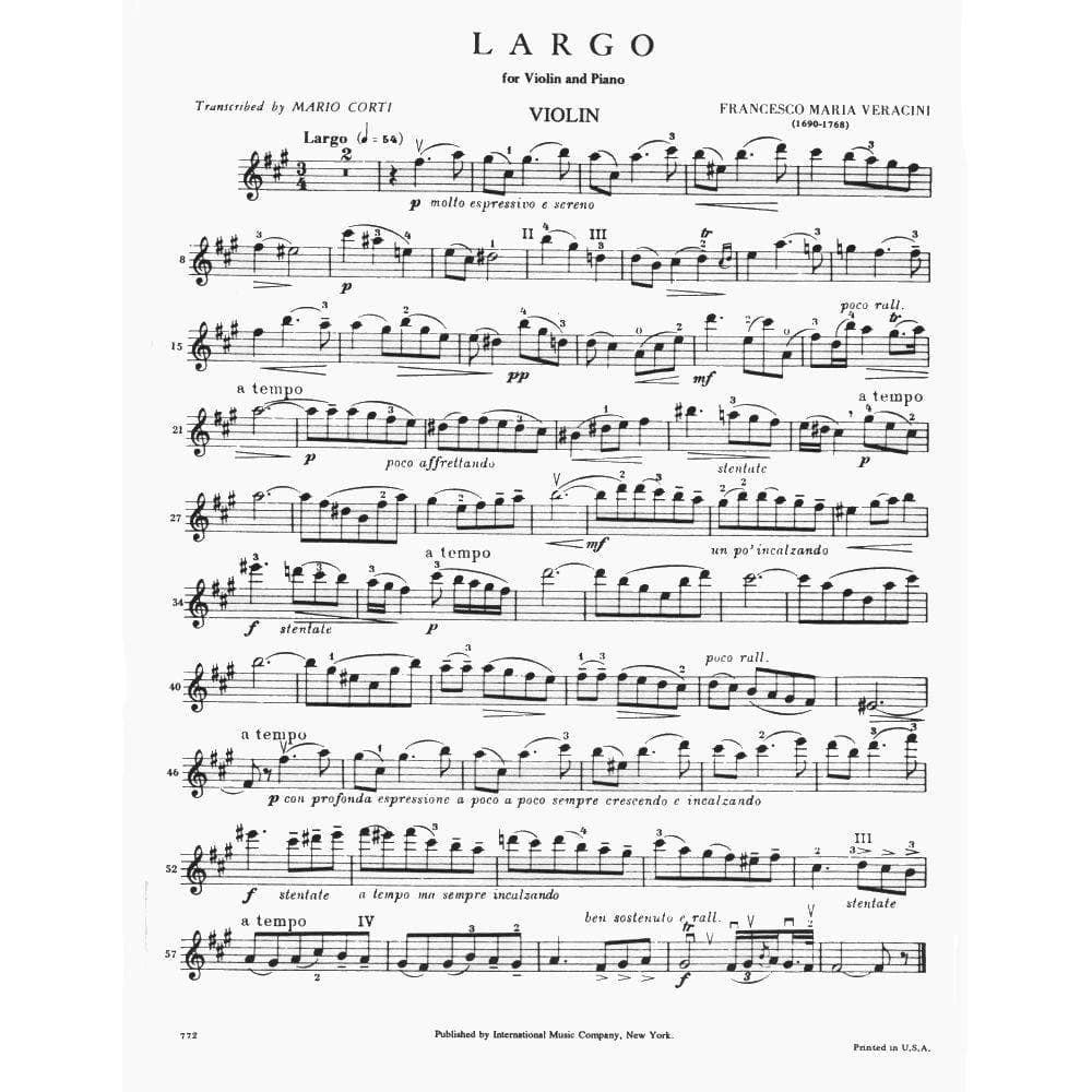 Veracini, FM - Largo for Violin and Piano - Violin and Piano - edited by Mario Corti - International Music Company