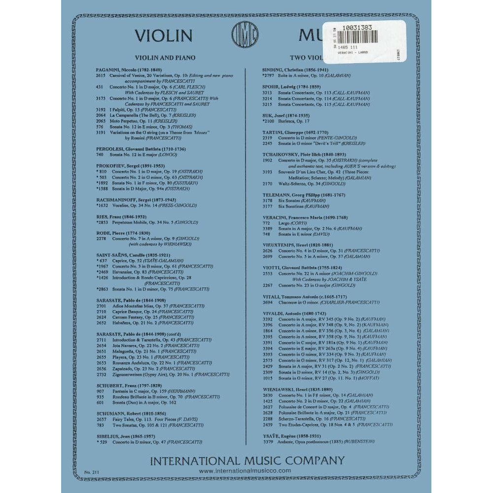 Veracini, FM - Largo for Violin and Piano - Violin and Piano - edited by Mario Corti - International Music Company