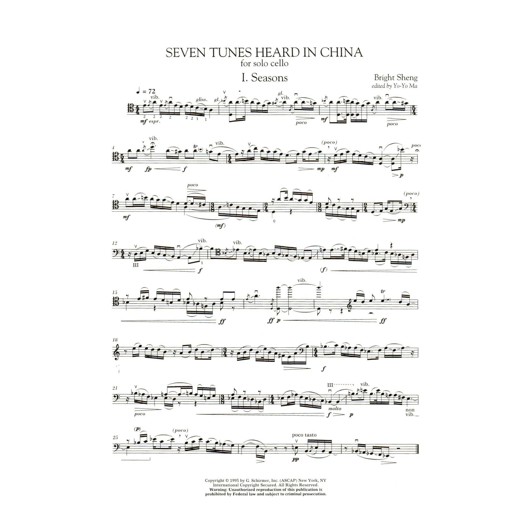 Sheng - Seven Tunes Heard in China for Cello Published by G Schirmer