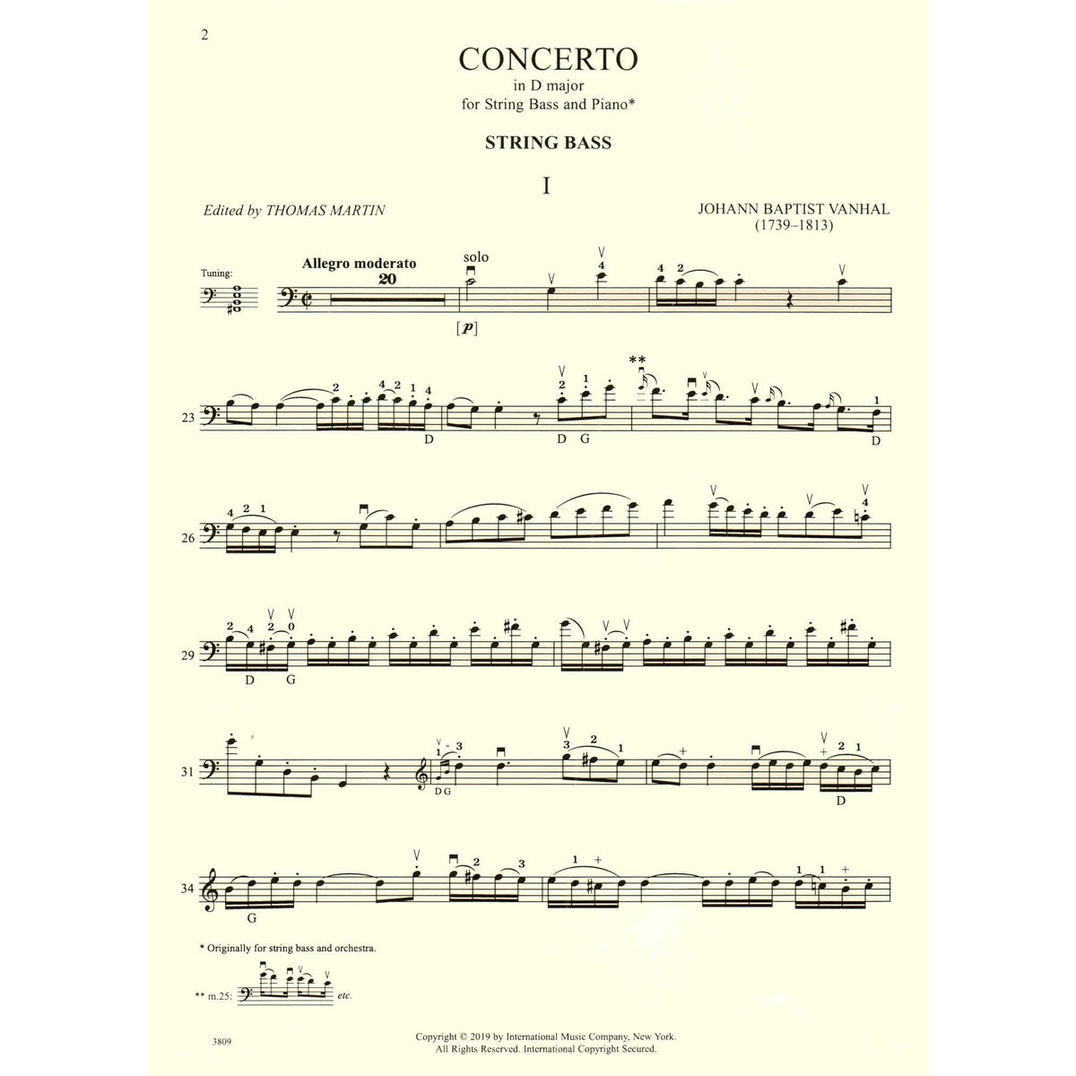 Vanhal, Johann Baptist - Concerto In D Major - for Bass and Piano - edited by Thomas Martin - International Music Company