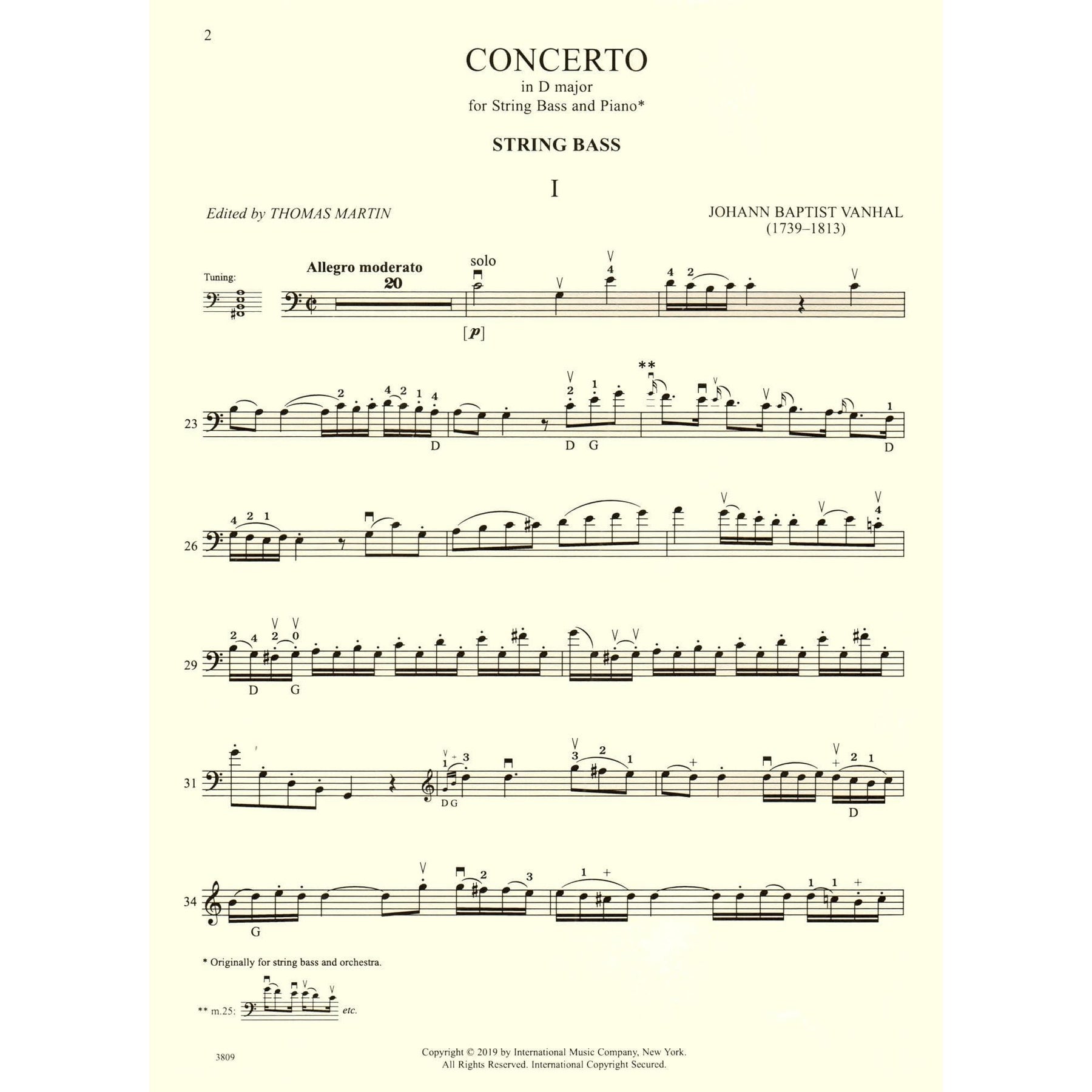 Vanhal, Johann Baptist - Concerto In D Major - for Bass and Piano - edited by Thomas Martin - International Music Company
