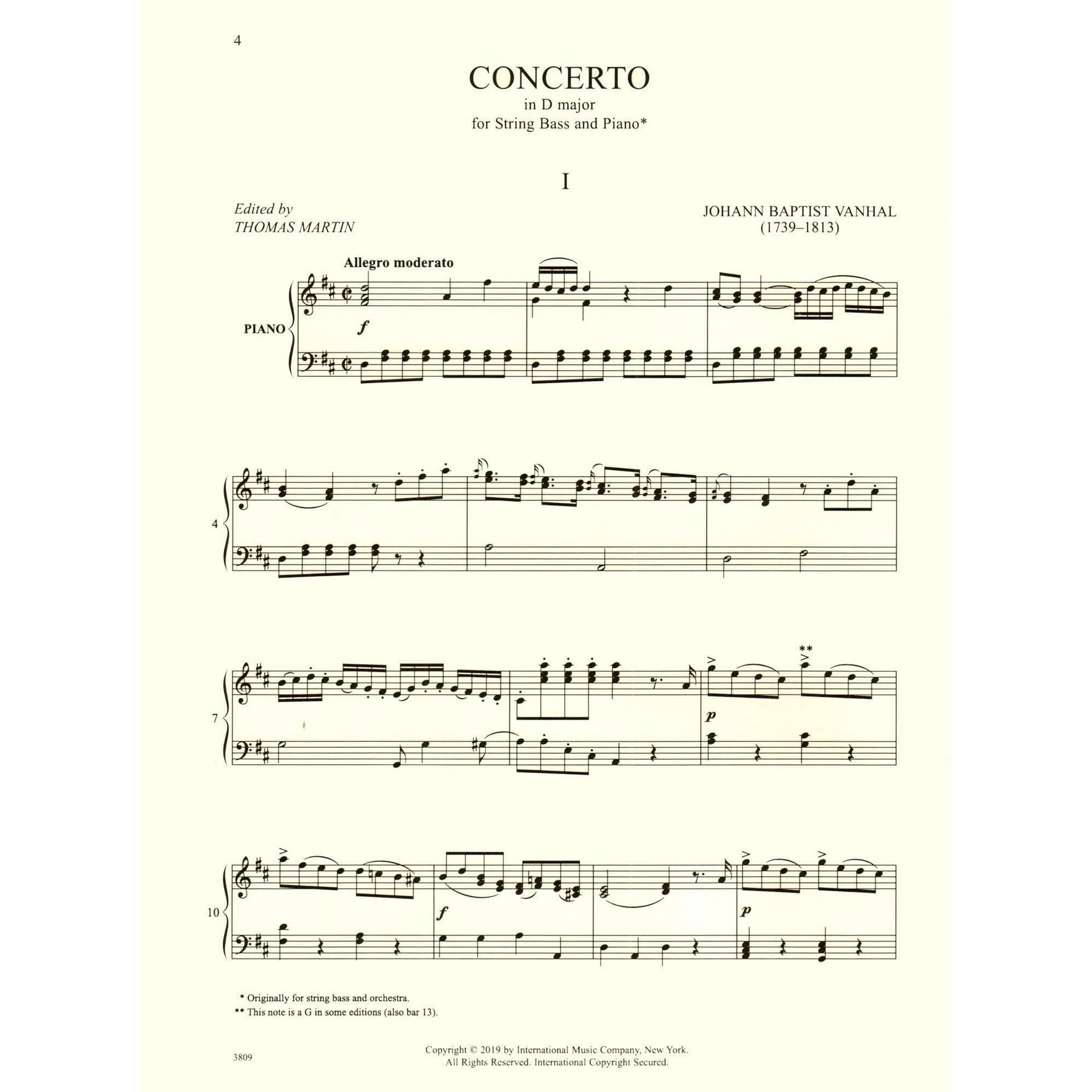 Vanhal, Johann Baptist - Concerto In D Major - for Bass and Piano - edited by Thomas Martin - International Music Company