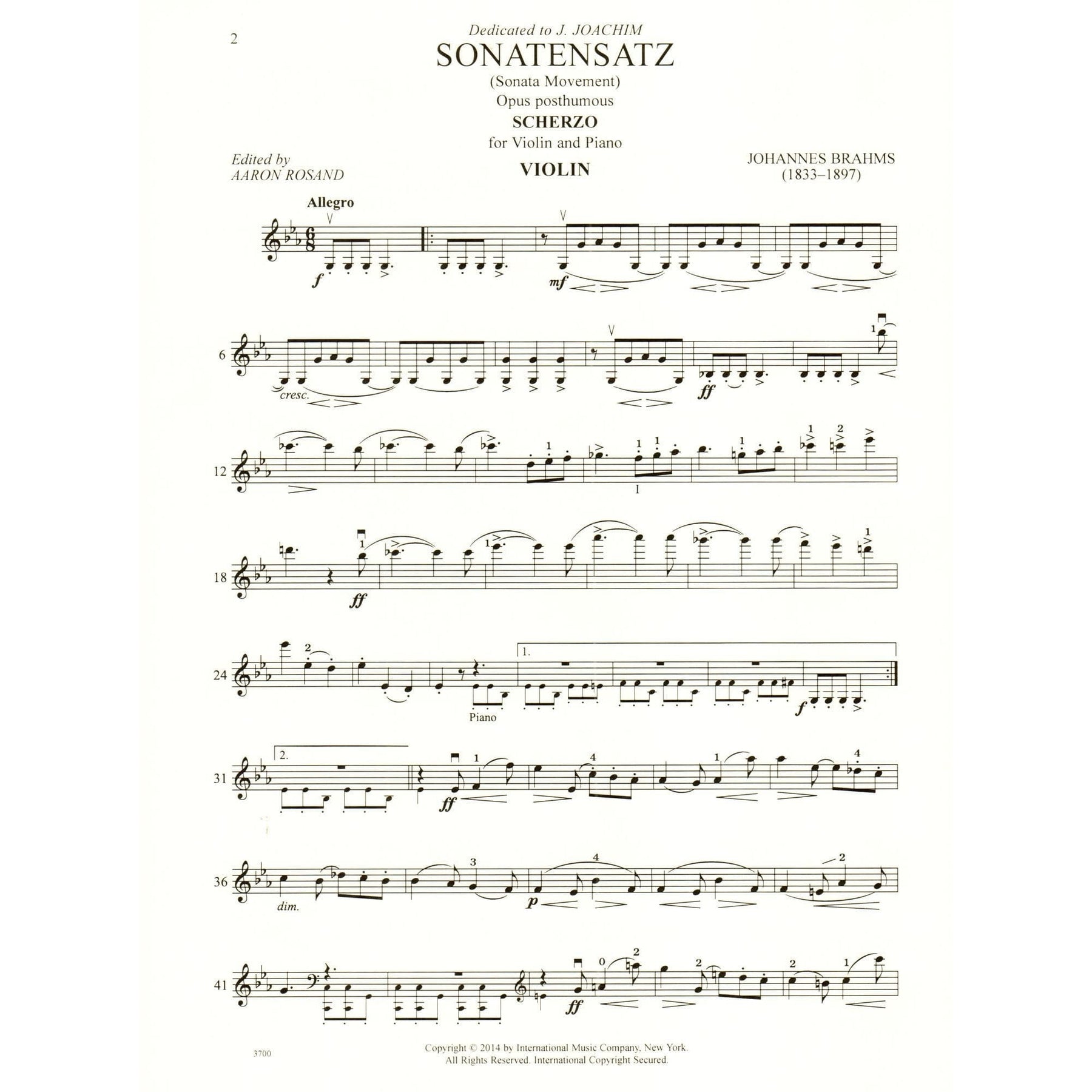 Brahms, Johannes - Sonatensatz: Scherzo in c minor for Violin and Piano - International Edition