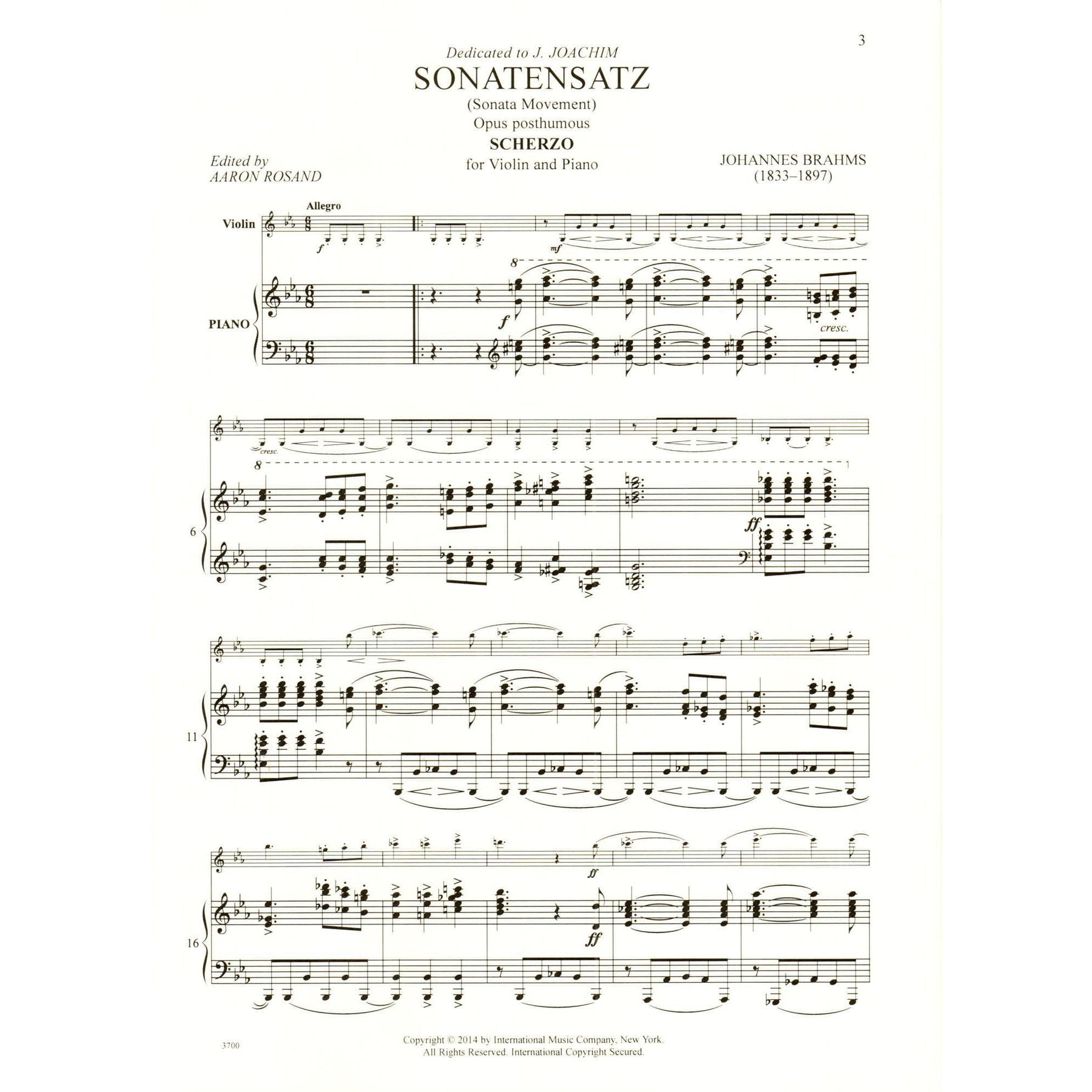 Brahms, Johannes - Sonatensatz: Scherzo in c minor for Violin and Piano - International Edition