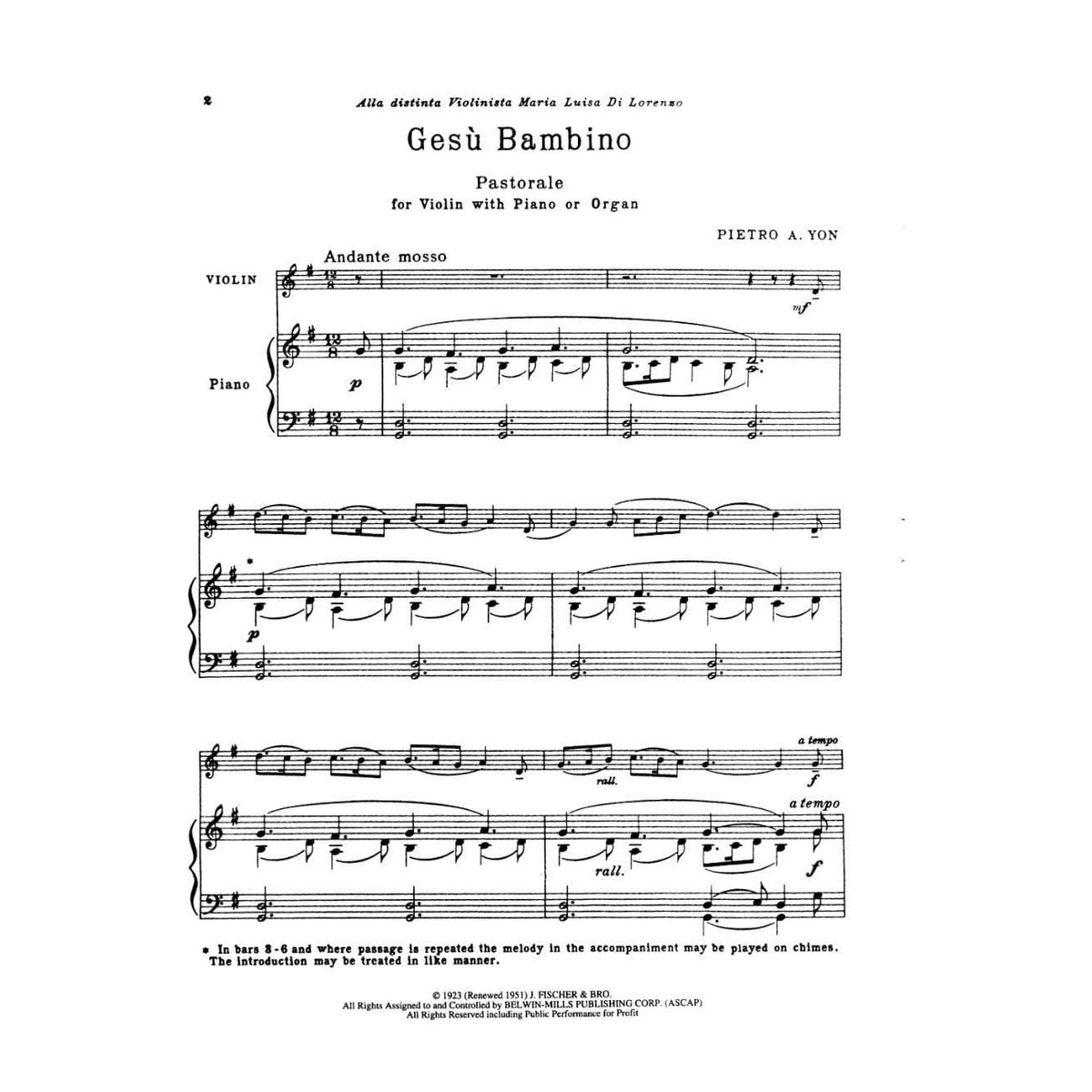 Yon, Pietro - Gesu Bambino (Pastorale) - Violin and Piano (or Organ) - Alfred Music Publishing