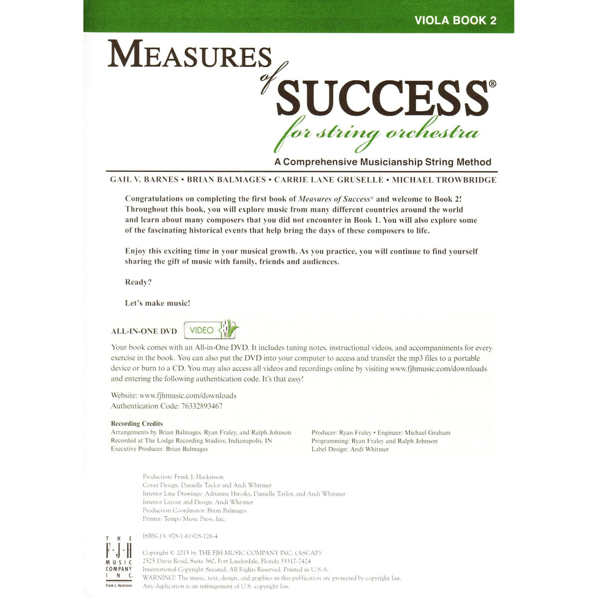Measures of Success for String Orchestra - by Barnes, Balmages, Gruselle, Trowbridge - for Viola - Book 2 with DVD - FJH