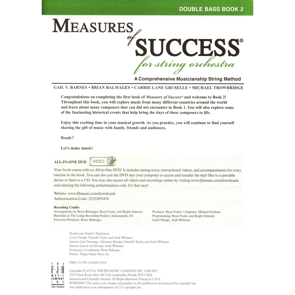 Measures of Success for String Orchestra - by Barnes, Balmages, Gruselle, Trowbridge - for Bass - Book 2 with DVD - FJH