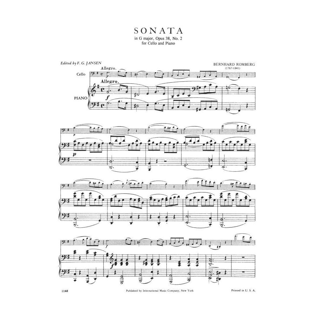 Romberg, Berngard - Cello Sonata in G Major, Op 38 No 2 - for Cello and Piano - edited by F G Jansen - International Music Company