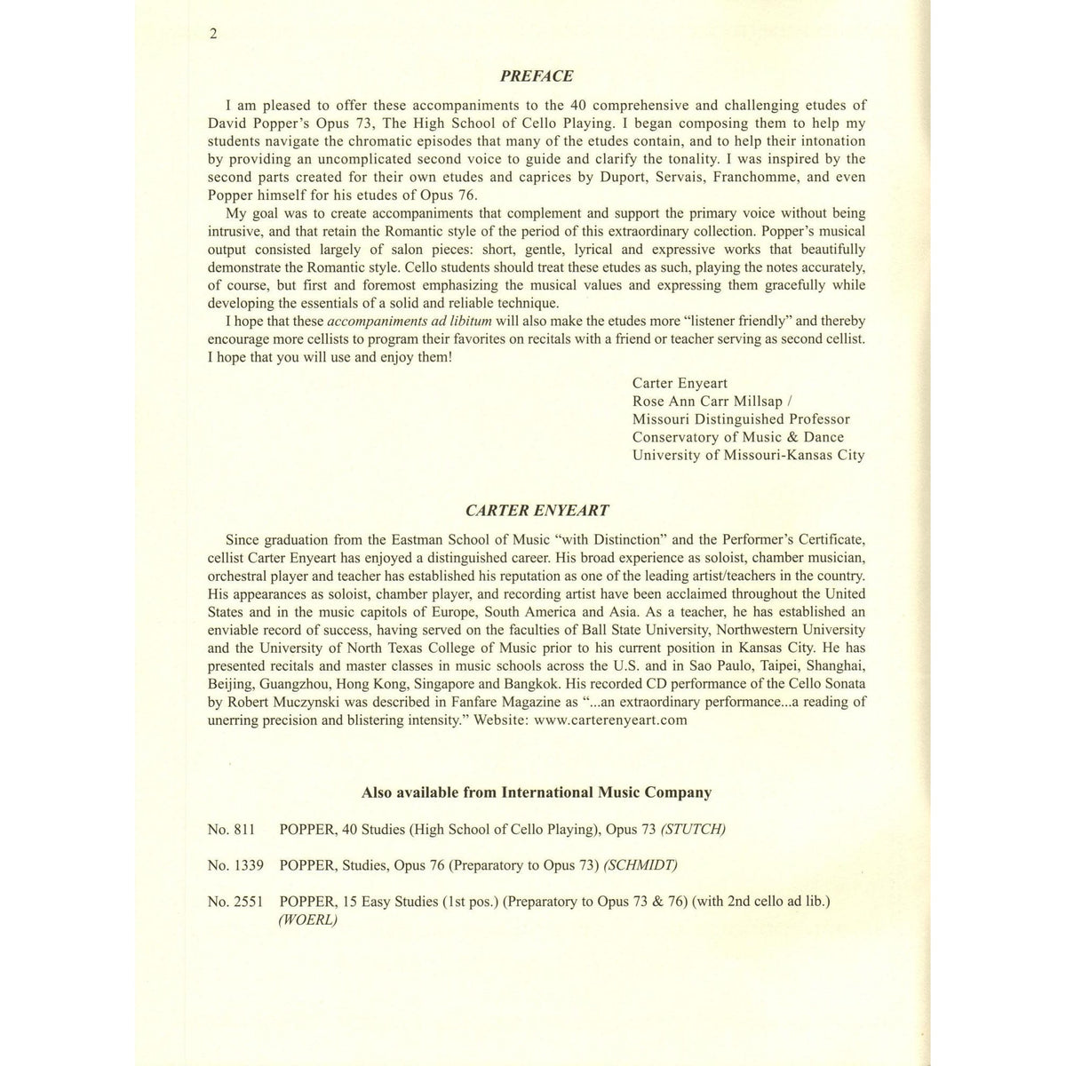 Enyeart, Carter - Cello Accompaniment - to 40 Studies from High School of Cello Playing by Popper - International