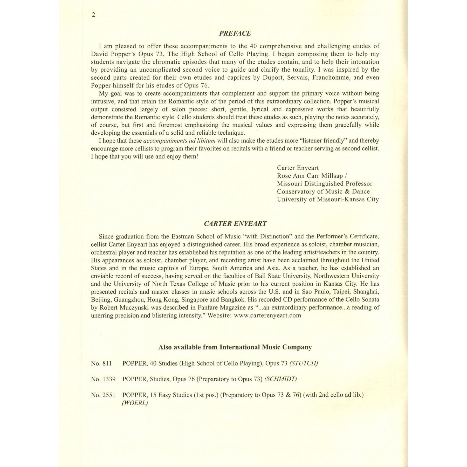 Enyeart, Carter - Cello Accompaniment - to 40 Studies from High School of Cello Playing by Popper - International