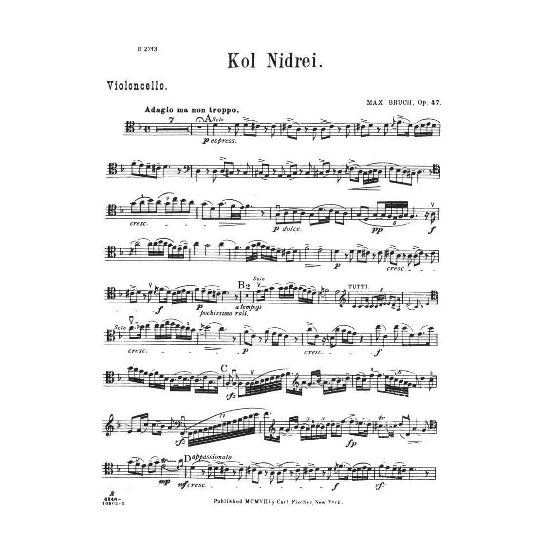 Kol Nidrei, Op 47 - Bruch, Max - Cello and Piano - edited by Lehmann - Carl Fischer