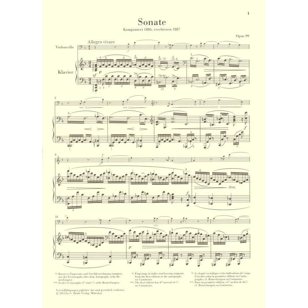 Brahms, Johannes - Cello Sonata No 2 in F Major, Op 99 - Cello and Piano - edited by Egon Voss and Johannes Behr - Henle