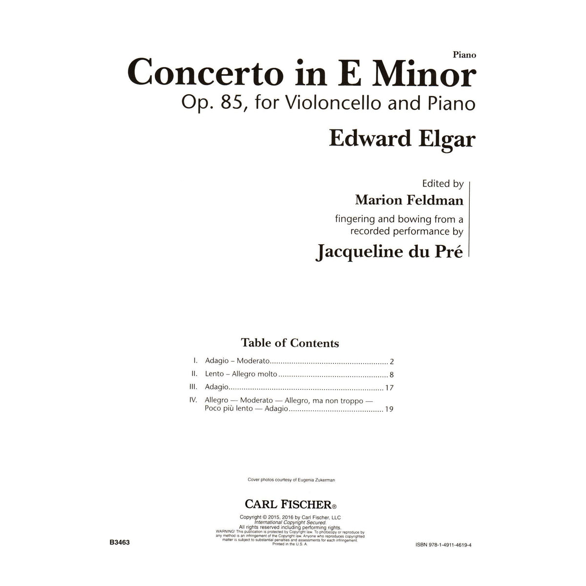 Elgar, Edward - Concerto in E Minor, Opus 85 - for Cello and Piano - Edition based on a Jacqueline du Pré performance - Carl Fischer