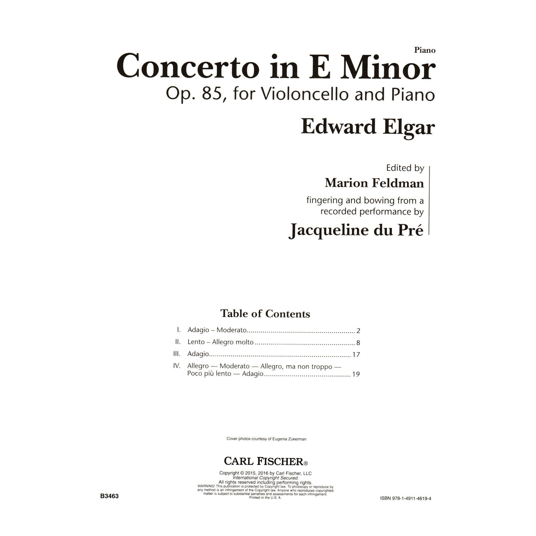 Elgar, Edward - Concerto in E Minor, Opus 85 - for Cello and Piano - Edition based on a Jacqueline du Pré performance - Carl Fischer