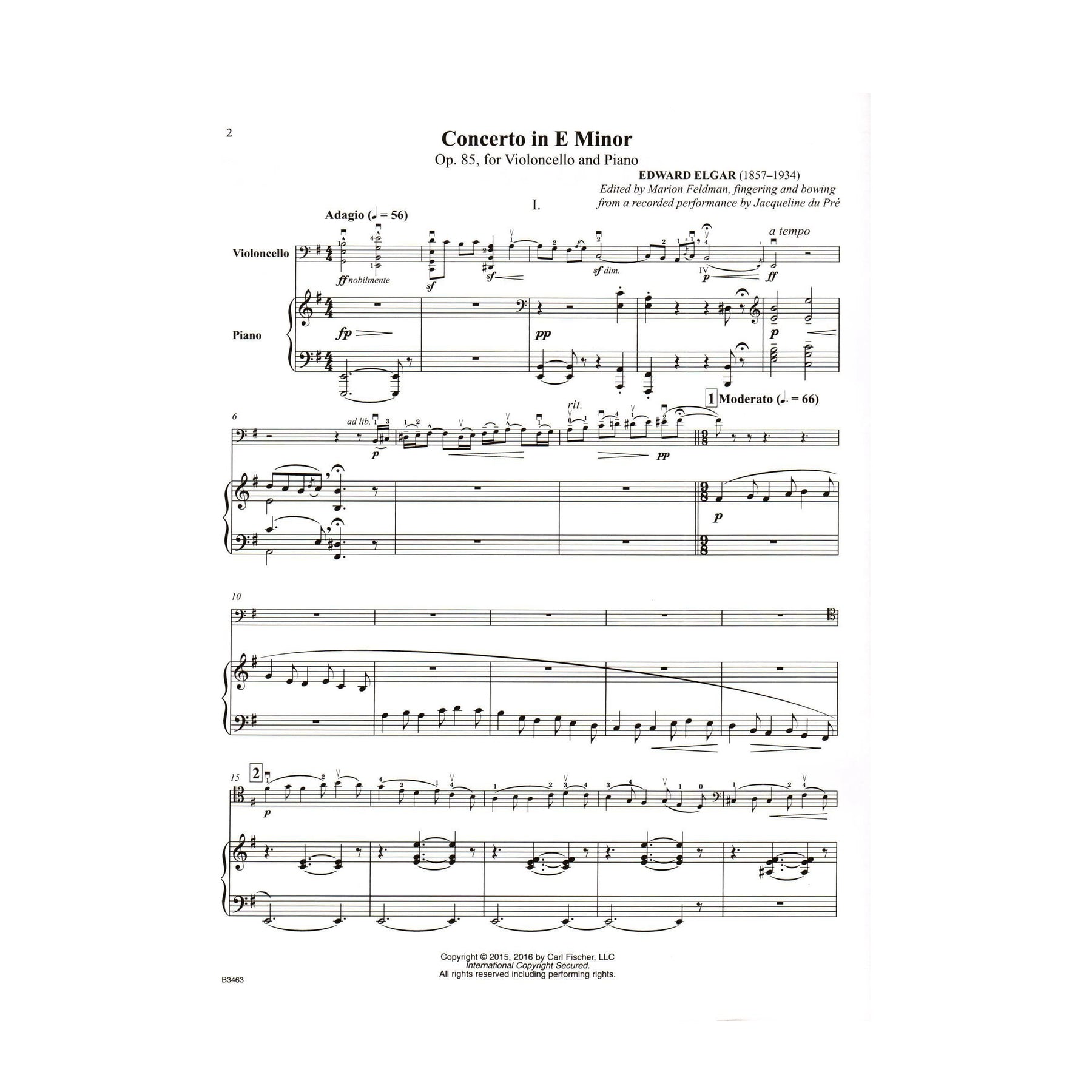 Elgar, Edward - Concerto in E Minor, Opus 85 - for Cello and Piano - Edition based on a Jacqueline du Pré performance - Carl Fischer