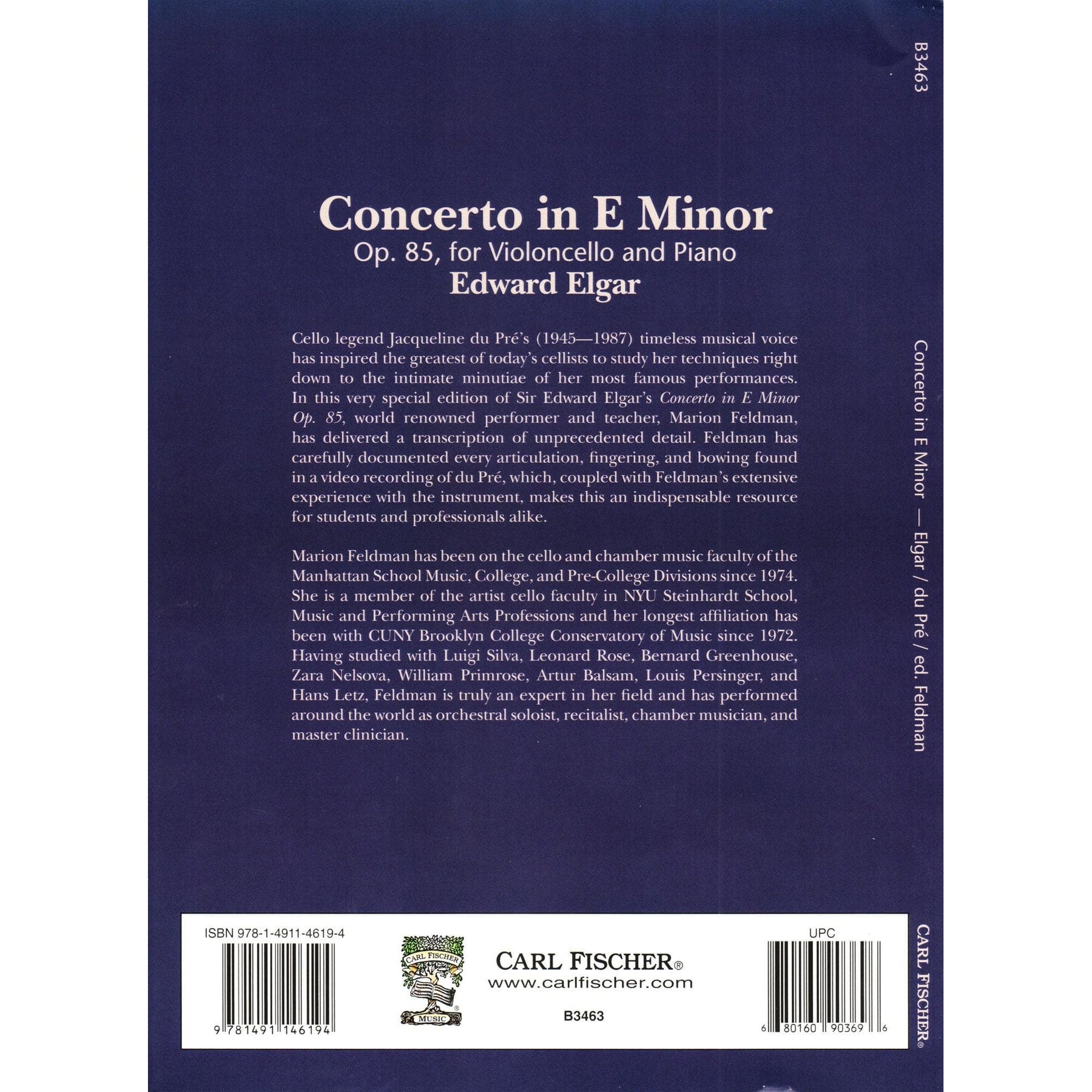 Elgar, Edward - Concerto in E Minor, Opus 85 - for Cello and Piano - Edition based on a Jacqueline du Pré performance - Carl Fischer