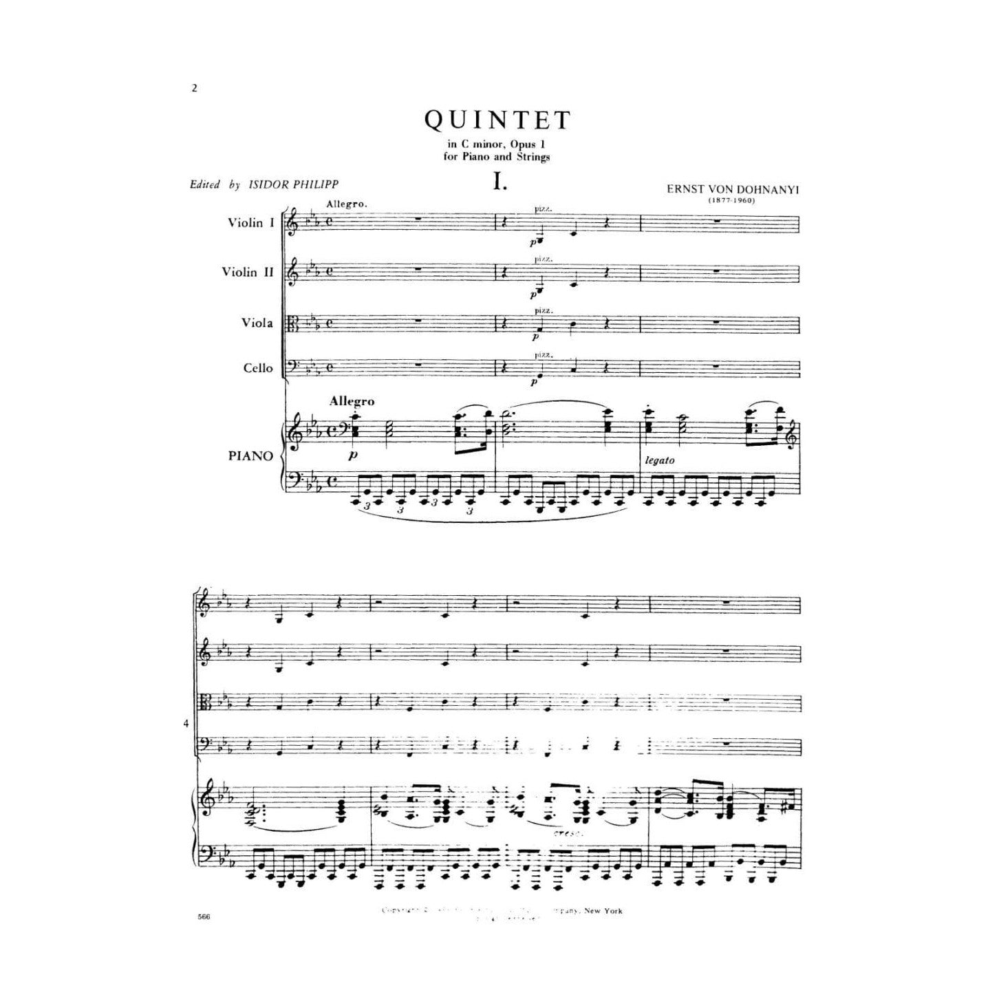 Dohnányi, Ernö - Piano Quintet No 1 in c minor, Op 1 - Two Violins, Viola, Cello, and Piano - edited by Isidor Philipp - International Edition