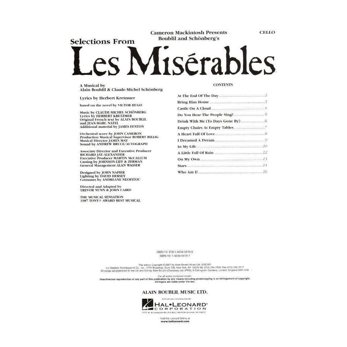 Boublil/Schönberg - Selections from "Les Misérables" - Cello - arranged by Cameron Mackintosh - Hal Leonard Edition