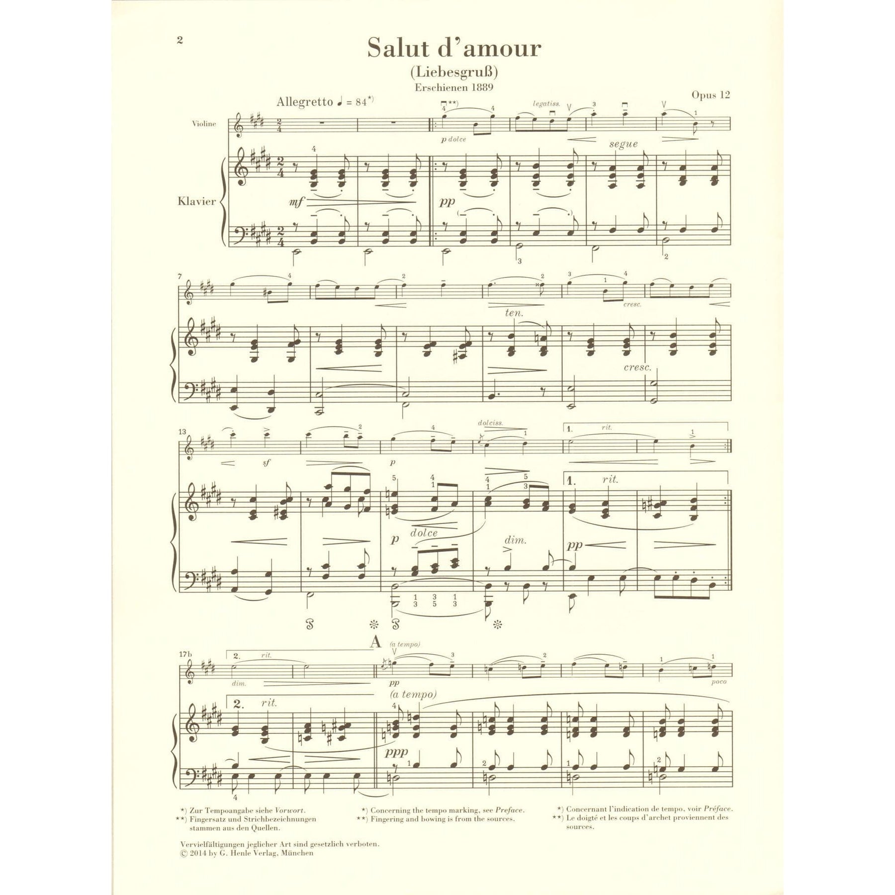 Elgar, Edward - Salut d'amour, Opus 12 - for Violin and Piano - edited by Rupert Marshall-Luck - G Henle URTEXT