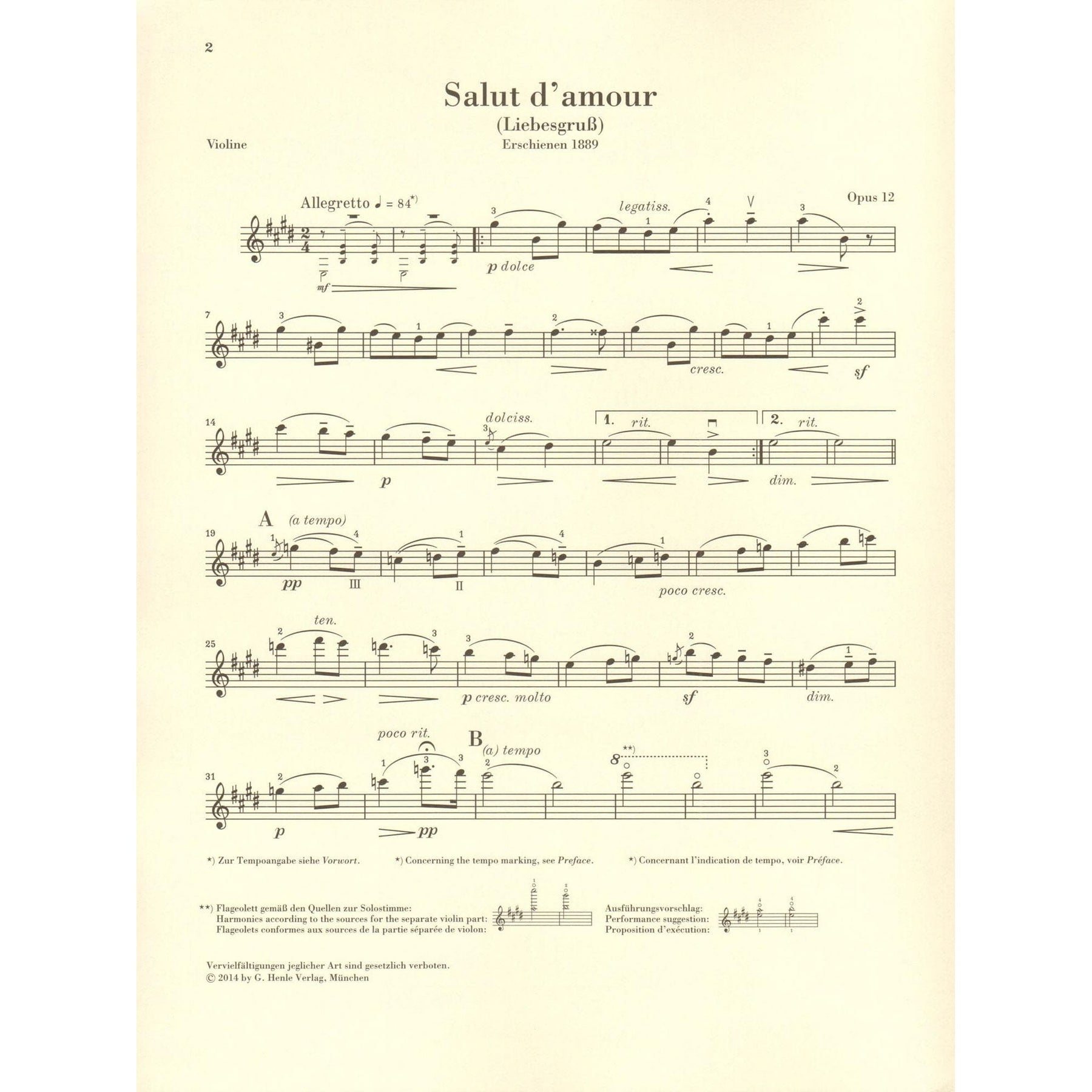 Elgar, Edward - Salut d'amour, Opus 12 - for Violin and Piano - edited by Rupert Marshall-Luck - G Henle URTEXT