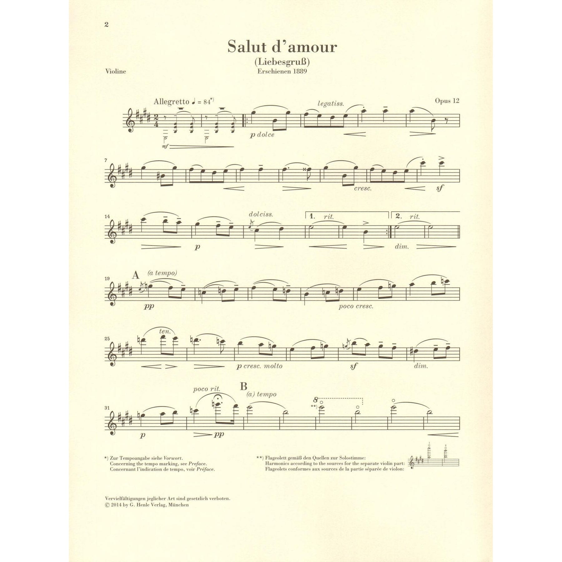 Elgar, Edward - Salut d'amour, Opus 12 - for Violin and Piano - edited by Rupert Marshall-Luck - G Henle URTEXT