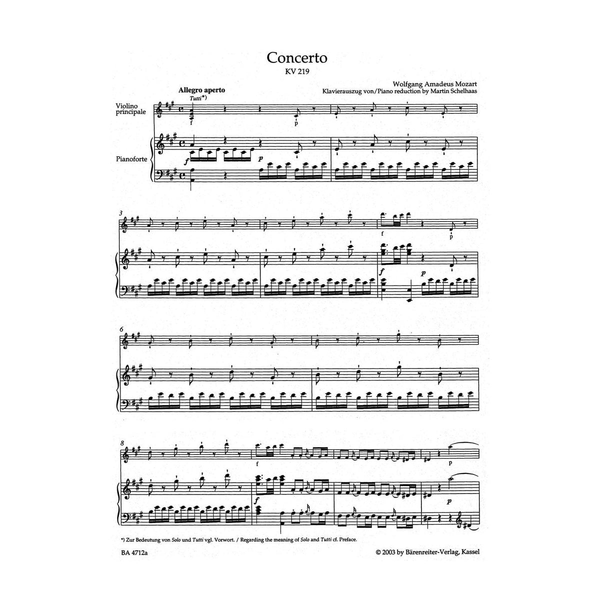 Mozart, WA - Concerto No 5 in A Major, K 219 - Violin and Piano - edited by Christoph Hellmut Mahling - Barenreiter Verlag URTEXT